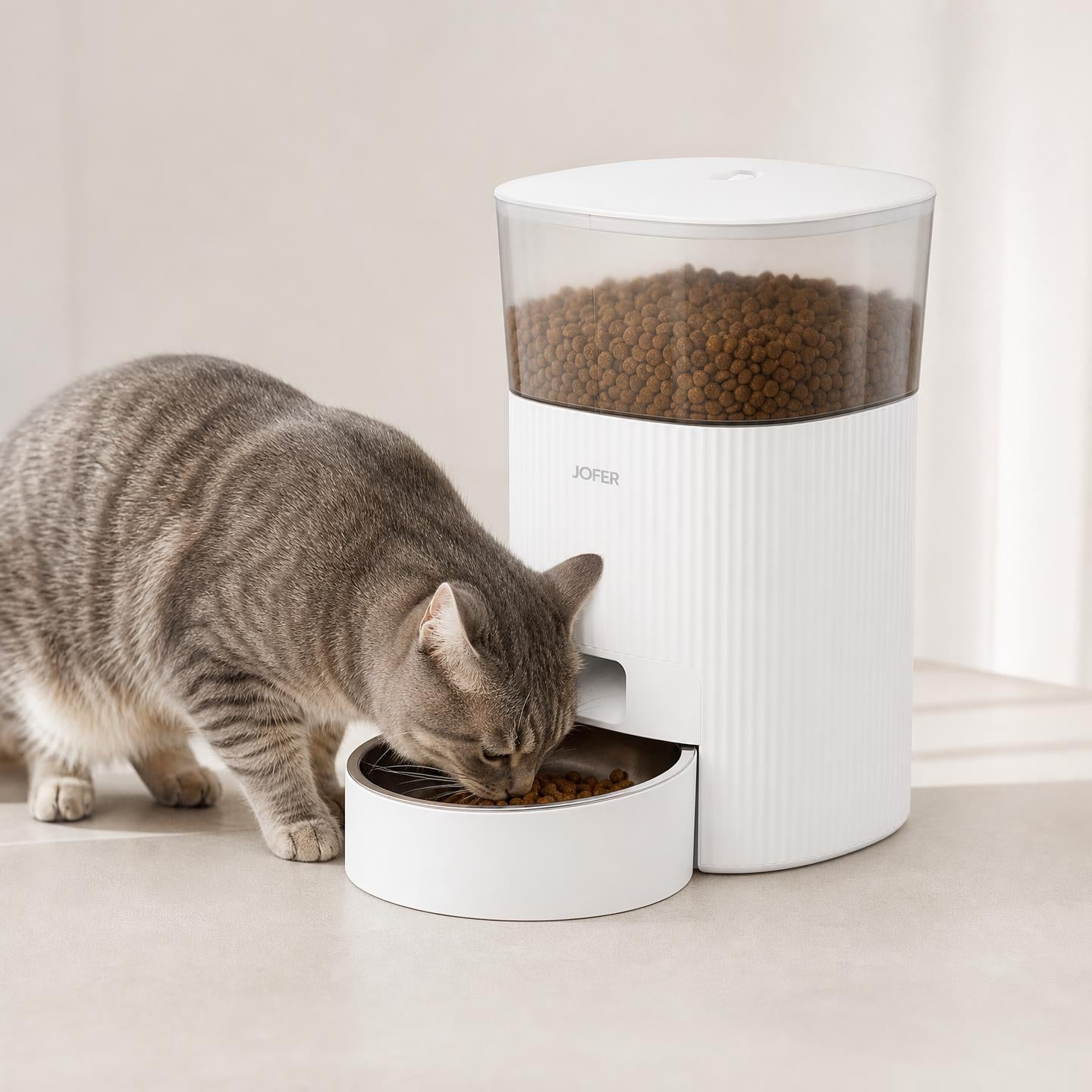 Distributeur Automatique de Croquettes pour Chat JOFER – Programmable, Contrôle des Portions, Bol Inox, 3L