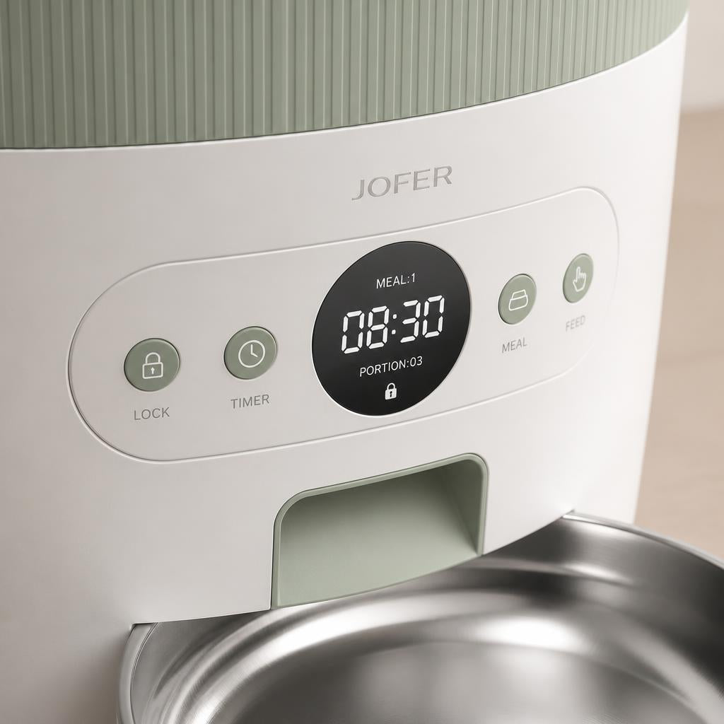 Distributeur Automatique de Croquettes pour Chat JOFER – Programmable, Contrôle des Portions, Bol Inox, 3L VERT