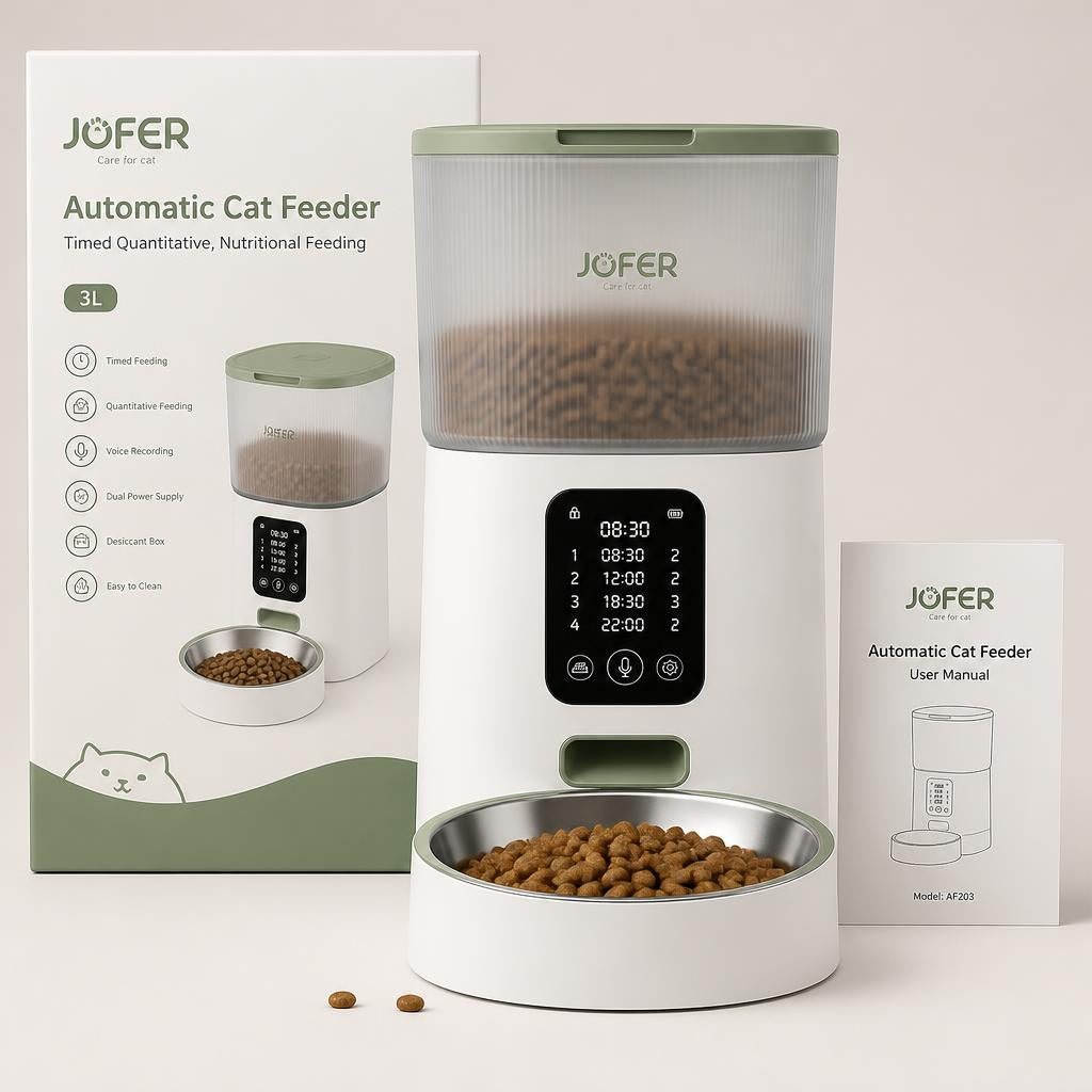 Distributeur Automatique de Croquettes pour Chat JOFER – Programmable, Contrôle des Portions, Bol Inox, 3L VERT