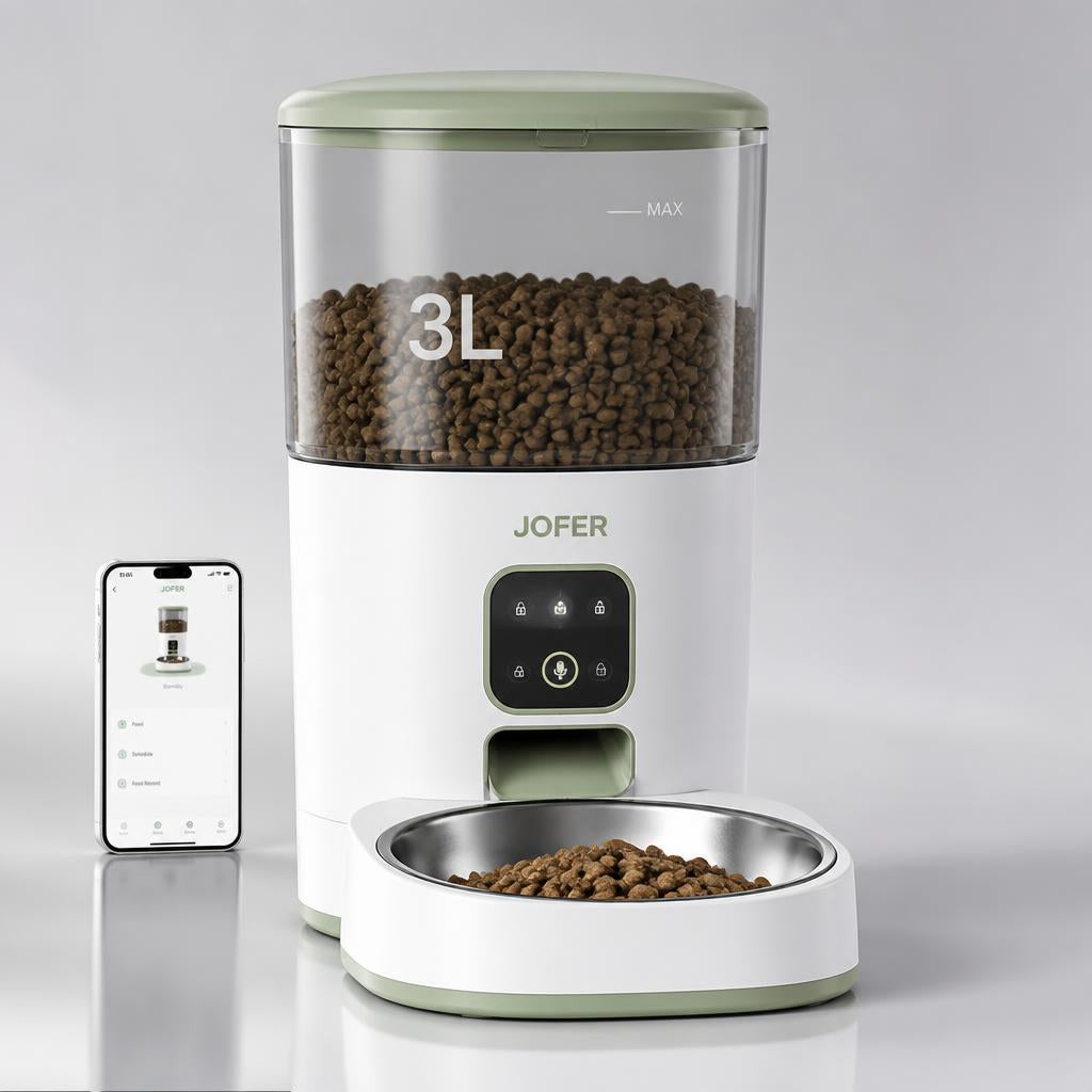 Distributeur Automatique de Croquettes pour Chat JOFER – Programmable, Contrôle des Portions, Bol Inox, 3L VERT