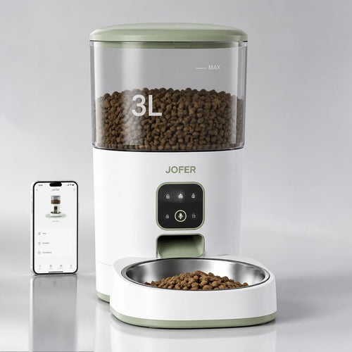 Distributeur Automatique de Croquettes pour Chat JOFER – Programmable, Contrôle des Portions, Bol Inox, 3L VERT