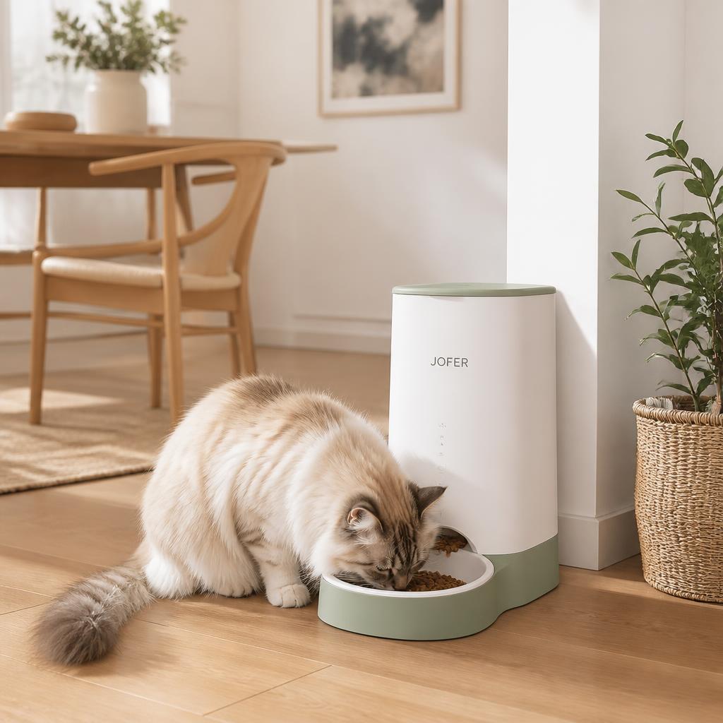 Distributeur Automatique de Croquettes pour Chat JOFER – Programmable, Contrôle des Portions, Bol Inox, 3L VERT